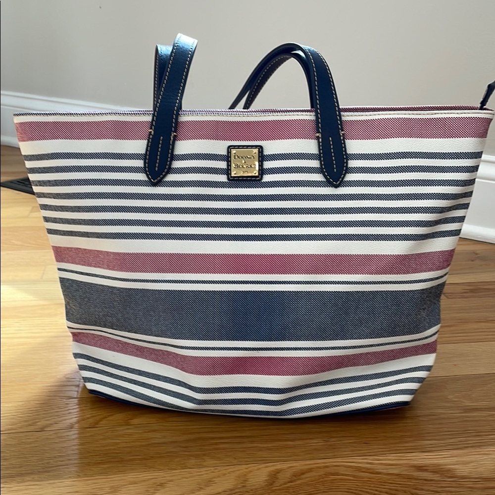 Dooney & Bourke Navy, White and Pink Striped Canvas Tote